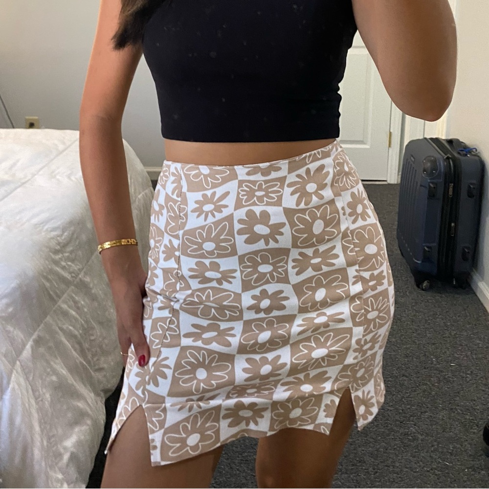 Love on a Hanger Floral Mini Skirt - Cream and Brown
